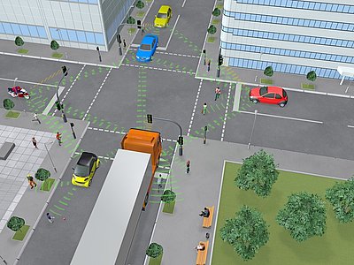 Bunte Grafik einer Straßenkreuzung mit LKW, Motorrad und PKWs, deren vernetzte Fahrassistenzsysteme Signale senden Bunte Grafik einer Straßenkreuzung mit LKW, Motorrad und PKWs, deren vernetzte Fahrassistenzsysteme Signale senden
