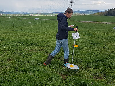 Person geht mit einem Plettenbarometer über ein Feld Person geht mit einem Plettenbarometer über ein Feld